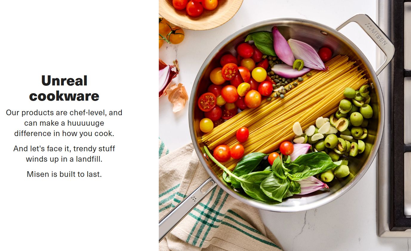 Misen 5-ply construction cross-section showing aluminum core layers — manufacturing quality and material standards